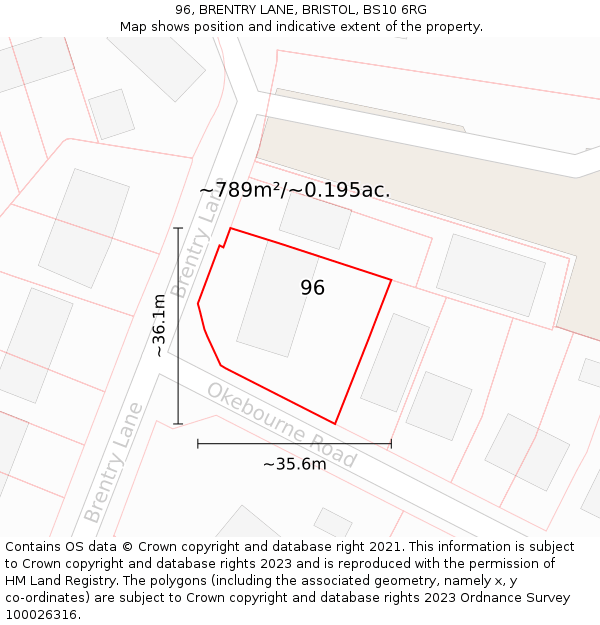 96, BRENTRY LANE, BRISTOL, BS10 6RG: Plot and title map