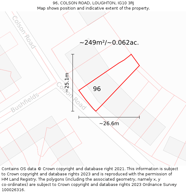 96, COLSON ROAD, LOUGHTON, IG10 3RJ: Plot and title map