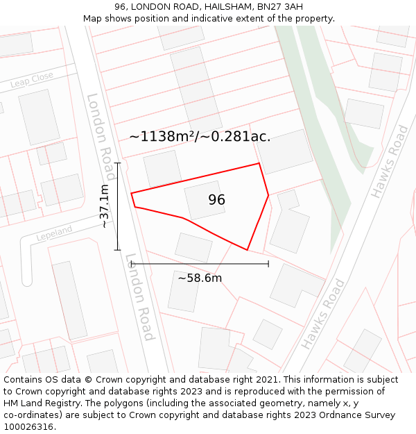 96, LONDON ROAD, HAILSHAM, BN27 3AH: Plot and title map