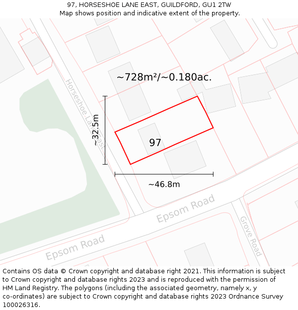 97, HORSESHOE LANE EAST, GUILDFORD, GU1 2TW: Plot and title map