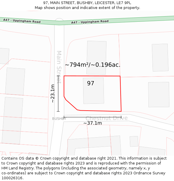 97, MAIN STREET, BUSHBY, LEICESTER, LE7 9PL: Plot and title map