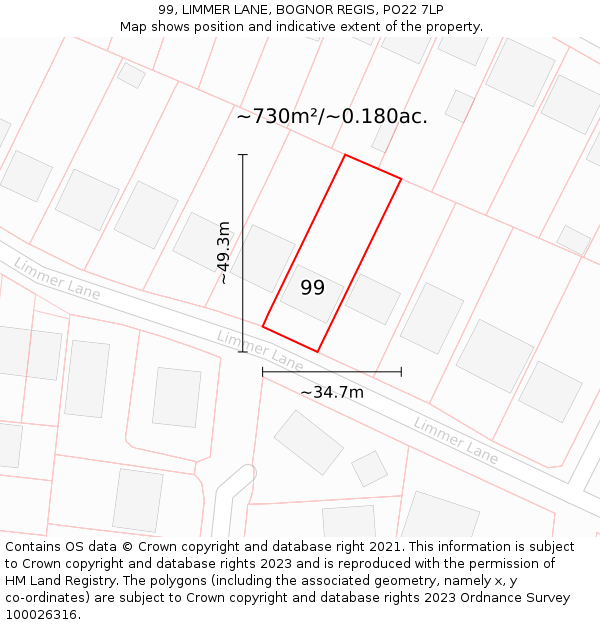 99, LIMMER LANE, BOGNOR REGIS, PO22 7LP: Plot and title map