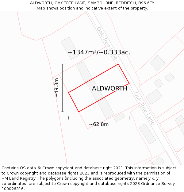 ALDWORTH, OAK TREE LANE, SAMBOURNE, REDDITCH, B96 6EY: Plot and title map