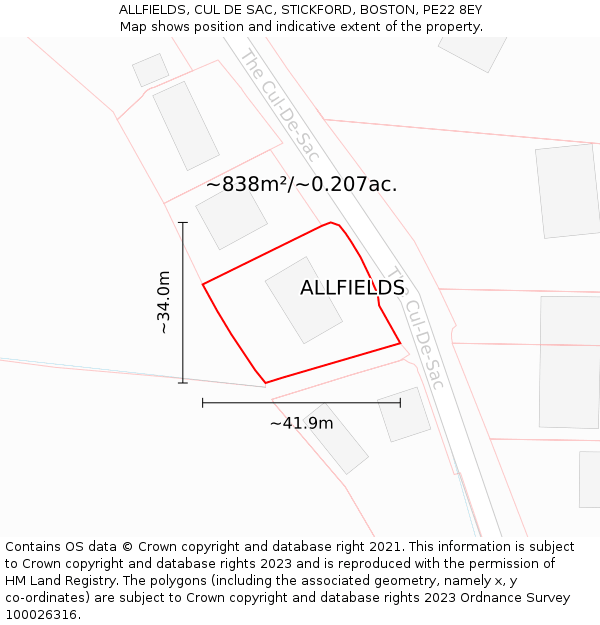 ALLFIELDS, CUL DE SAC, STICKFORD, BOSTON, PE22 8EY: Plot and title map