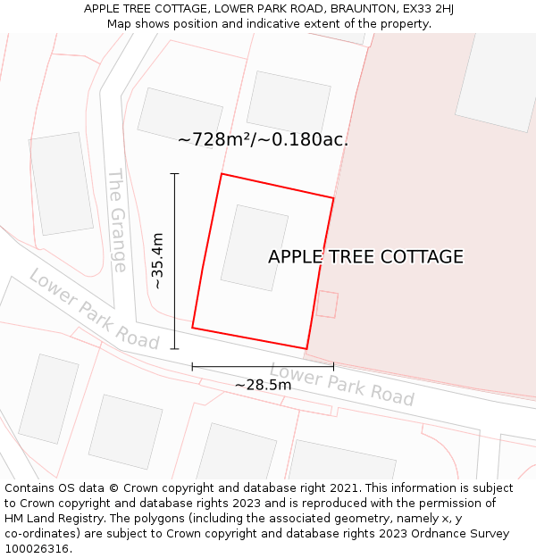 APPLE TREE COTTAGE, LOWER PARK ROAD, BRAUNTON, EX33 2HJ: Plot and title map