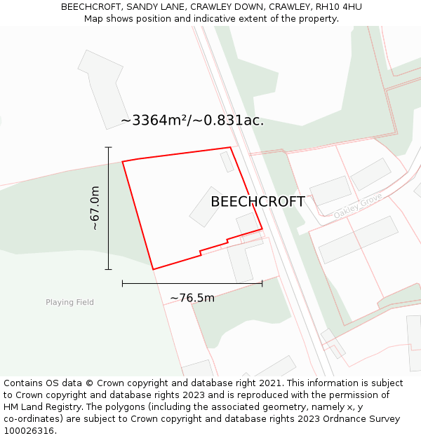 BEECHCROFT, SANDY LANE, CRAWLEY DOWN, CRAWLEY, RH10 4HU: Plot and title map