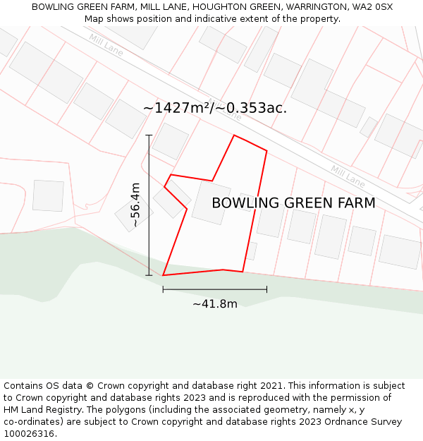 BOWLING GREEN FARM, MILL LANE, HOUGHTON GREEN, WARRINGTON, WA2 0SX: Plot and title map