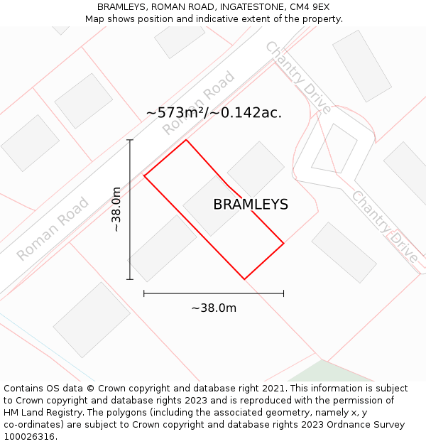 BRAMLEYS, ROMAN ROAD, INGATESTONE, CM4 9EX: Plot and title map