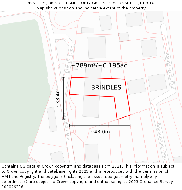 BRINDLES, BRINDLE LANE, FORTY GREEN, BEACONSFIELD, HP9 1XT: Plot and title map