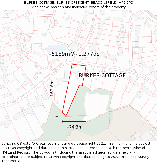 BURKES COTTAGE, BURKES CRESCENT, BEACONSFIELD, HP9 1PD: Plot and title map