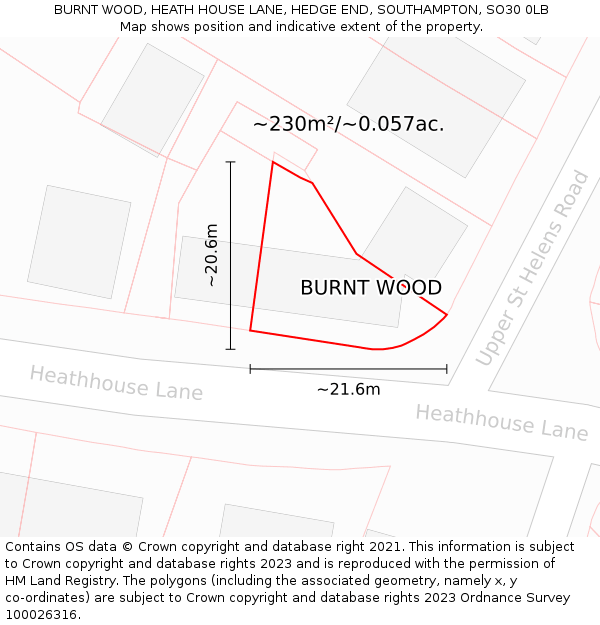 BURNT WOOD, HEATH HOUSE LANE, HEDGE END, SOUTHAMPTON, SO30 0LB: Plot and title map