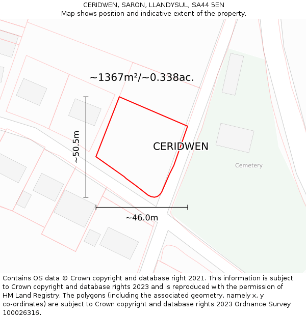 CERIDWEN, SARON, LLANDYSUL, SA44 5EN: Plot and title map