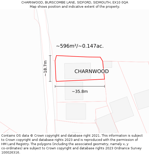 CHARNWOOD, BURSCOMBE LANE, SIDFORD, SIDMOUTH, EX10 0QA: Plot and title map