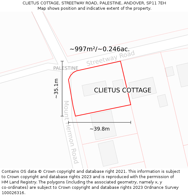 CLIETUS COTTAGE, STREETWAY ROAD, PALESTINE, ANDOVER, SP11 7EH: Plot and title map