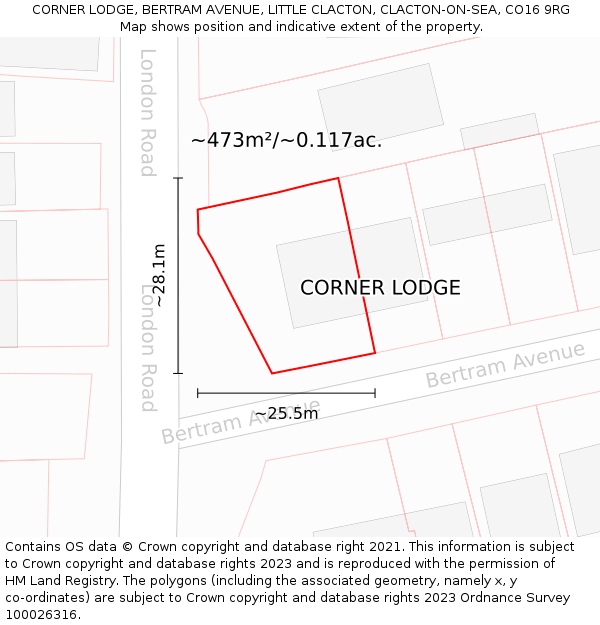 CORNER LODGE, BERTRAM AVENUE, LITTLE CLACTON, CLACTON-ON-SEA, CO16 9RG: Plot and title map