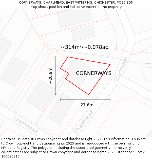 CORNERWAYS, CHARLMEAD, EAST WITTERING, CHICHESTER, PO20 8DN: Plot and title map