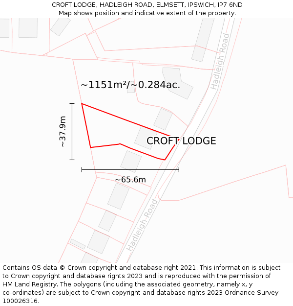 CROFT LODGE, HADLEIGH ROAD, ELMSETT, IPSWICH, IP7 6ND: Plot and title map