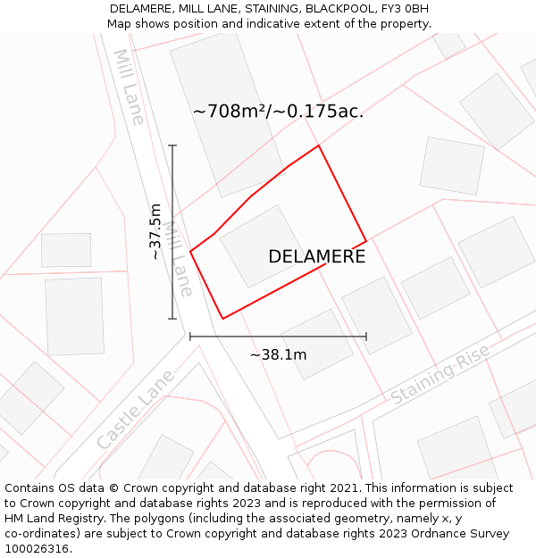 DELAMERE, MILL LANE, STAINING, BLACKPOOL, FY3 0BH: Plot and title map