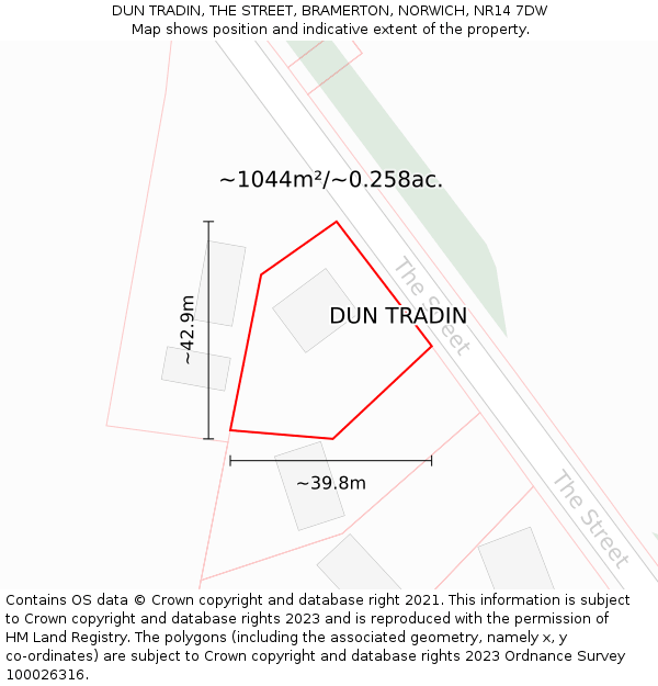 DUN TRADIN, THE STREET, BRAMERTON, NORWICH, NR14 7DW: Plot and title map