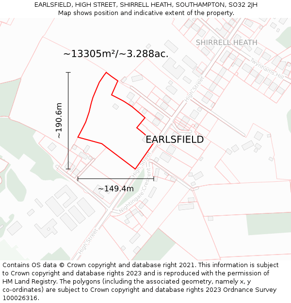 EARLSFIELD, HIGH STREET, SHIRRELL HEATH, SOUTHAMPTON, SO32 2JH: Plot and title map