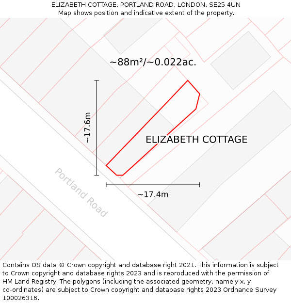 ELIZABETH COTTAGE, PORTLAND ROAD, LONDON, SE25 4UN: Plot and title map