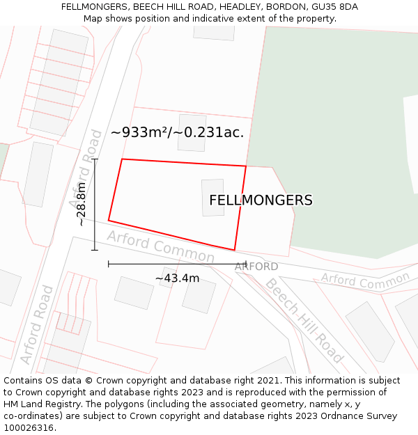 FELLMONGERS, BEECH HILL ROAD, HEADLEY, BORDON, GU35 8DA: Plot and title map