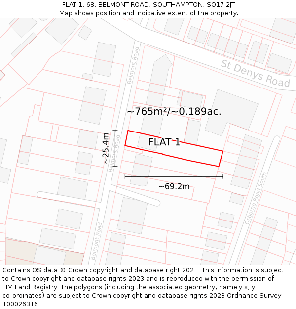 FLAT 1, 68, BELMONT ROAD, SOUTHAMPTON, SO17 2JT: Plot and title map