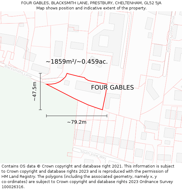 FOUR GABLES, BLACKSMITH LANE, PRESTBURY, CHELTENHAM, GL52 5JA: Plot and title map
