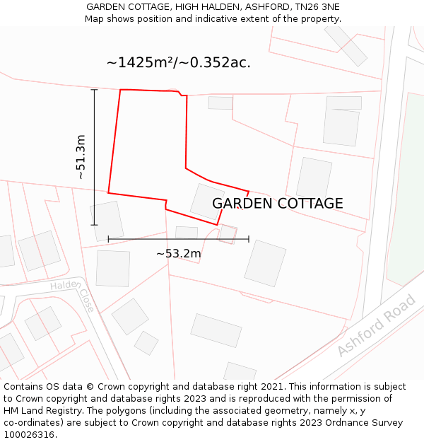 GARDEN COTTAGE, HIGH HALDEN, ASHFORD, TN26 3NE: Plot and title map