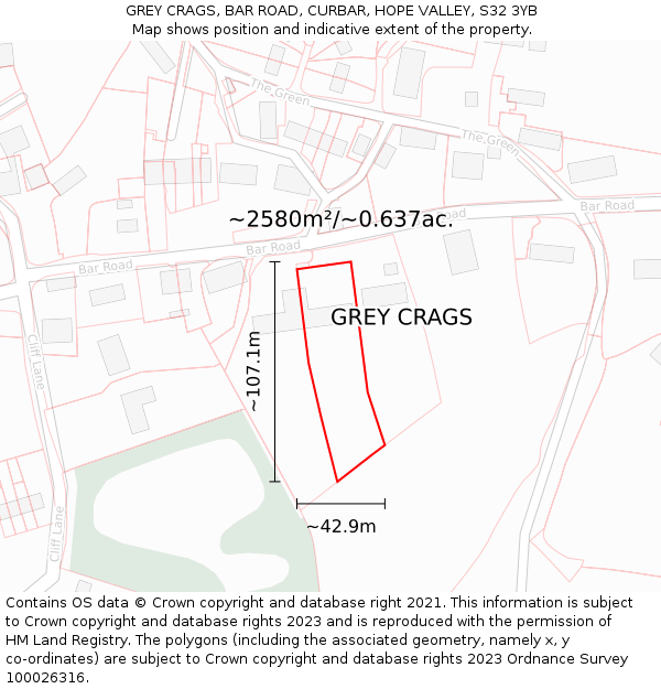 GREY CRAGS, BAR ROAD, CURBAR, HOPE VALLEY, S32 3YB: Plot and title map