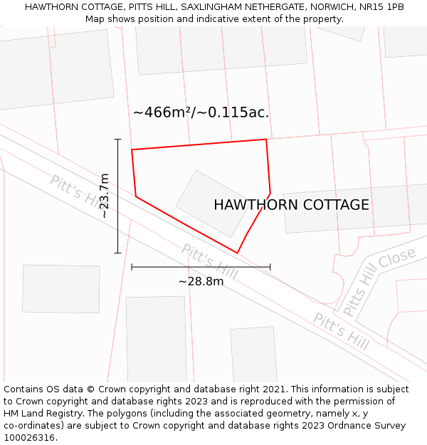 HAWTHORN COTTAGE, PITTS HILL, SAXLINGHAM NETHERGATE, NORWICH, NR15 1PB: Plot and title map