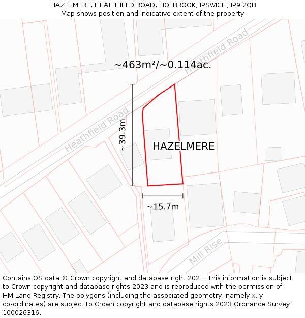 HAZELMERE, HEATHFIELD ROAD, HOLBROOK, IPSWICH, IP9 2QB: Plot and title map