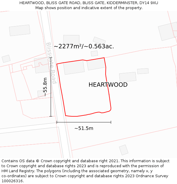 HEARTWOOD, BLISS GATE ROAD, BLISS GATE, KIDDERMINSTER, DY14 9XU: Plot and title map