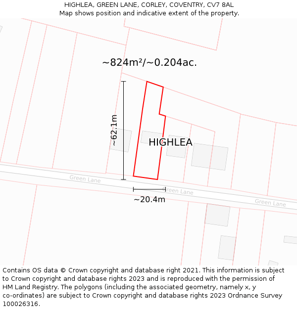 HIGHLEA, GREEN LANE, CORLEY, COVENTRY, CV7 8AL: Plot and title map