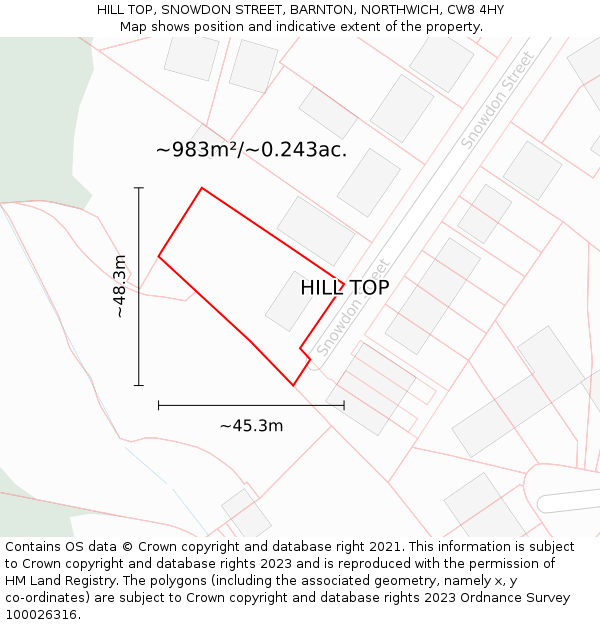 HILL TOP, SNOWDON STREET, BARNTON, NORTHWICH, CW8 4HY: Plot and title map