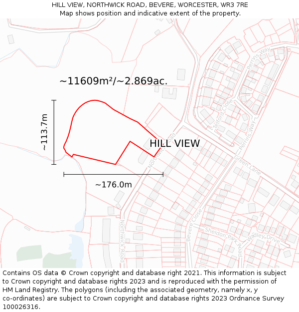 HILL VIEW, NORTHWICK ROAD, BEVERE, WORCESTER, WR3 7RE: Plot and title map