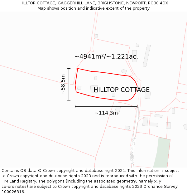 HILLTOP COTTAGE, GAGGERHILL LANE, BRIGHSTONE, NEWPORT, PO30 4DX: Plot and title map