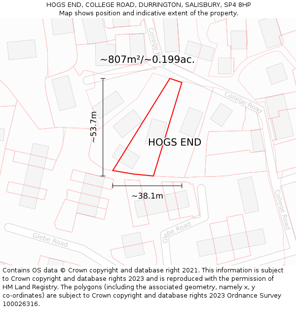 HOGS END, COLLEGE ROAD, DURRINGTON, SALISBURY, SP4 8HP: Plot and title map