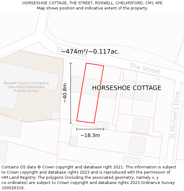 HORSESHOE COTTAGE, THE STREET, ROXWELL, CHELMSFORD, CM1 4PE: Plot and title map