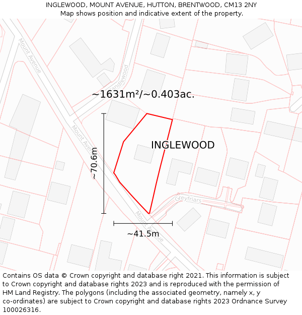 INGLEWOOD, MOUNT AVENUE, HUTTON, BRENTWOOD, CM13 2NY: Plot and title map