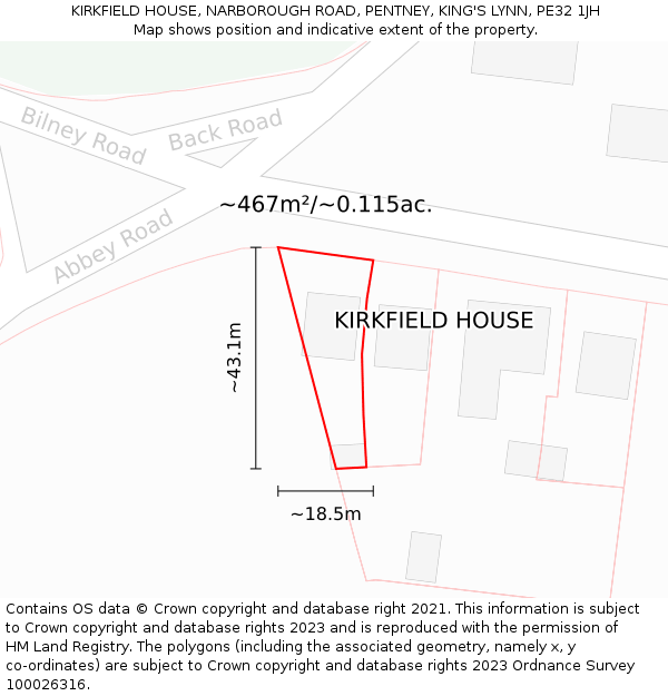 KIRKFIELD HOUSE, NARBOROUGH ROAD, PENTNEY, KING'S LYNN, PE32 1JH: Plot and title map