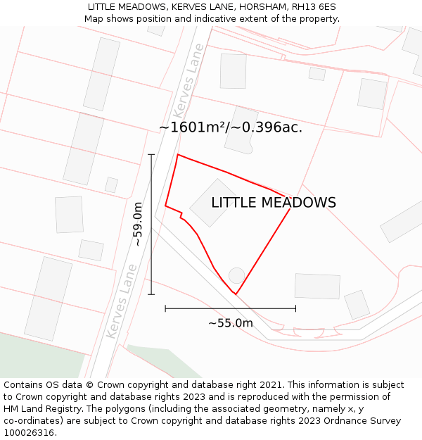 LITTLE MEADOWS, KERVES LANE, HORSHAM, RH13 6ES: Plot and title map