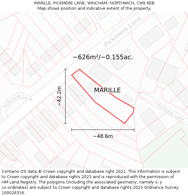 MARILLE, PICKMERE LANE, WINCHAM, NORTHWICH, CW9 6EB: Plot and title map