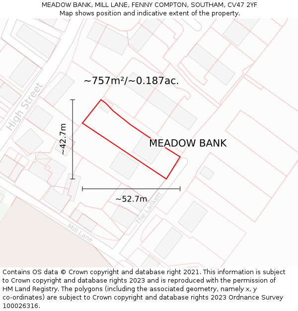 MEADOW BANK, MILL LANE, FENNY COMPTON, SOUTHAM, CV47 2YF: Plot and title map