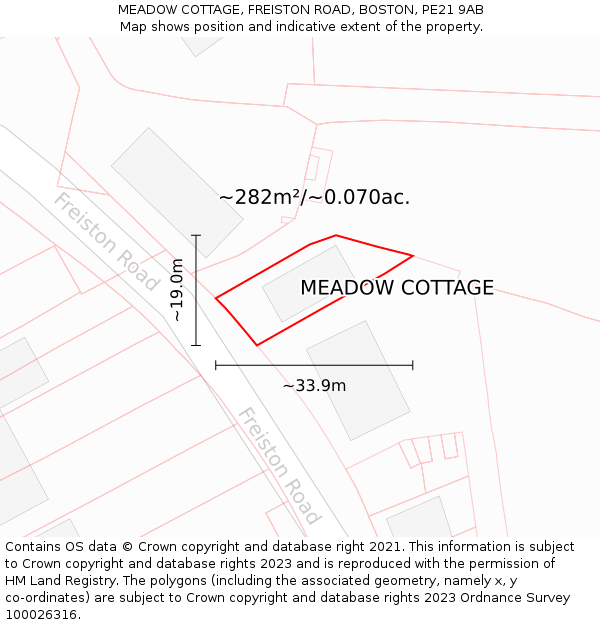 MEADOW COTTAGE, FREISTON ROAD, BOSTON, PE21 9AB: Plot and title map