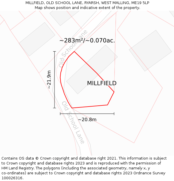 MILLFIELD, OLD SCHOOL LANE, RYARSH, WEST MALLING, ME19 5LP: Plot and title map