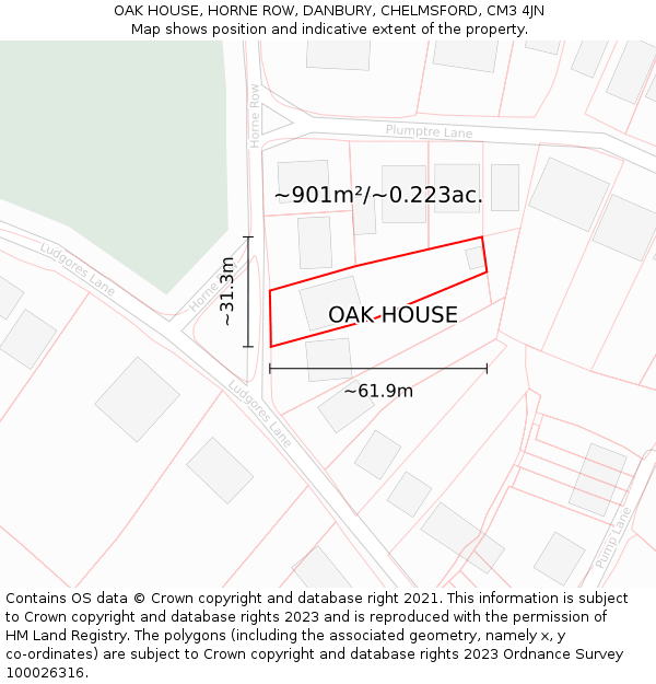 OAK HOUSE, HORNE ROW, DANBURY, CHELMSFORD, CM3 4JN: Plot and title map