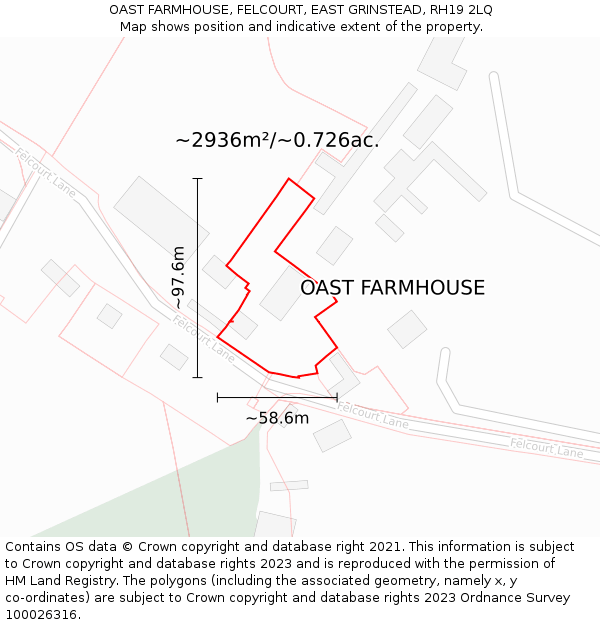 OAST FARMHOUSE, FELCOURT, EAST GRINSTEAD, RH19 2LQ: Plot and title map