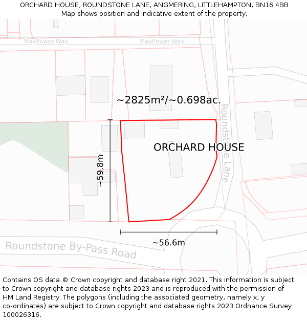 ORCHARD HOUSE, ROUNDSTONE LANE, ANGMERING, LITTLEHAMPTON, BN16 4BB: Plot and title map