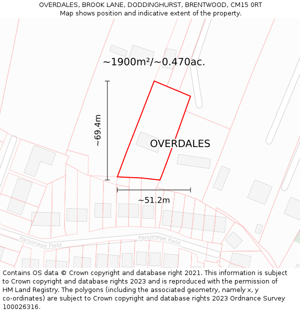 OVERDALES, BROOK LANE, DODDINGHURST, BRENTWOOD, CM15 0RT: Plot and title map